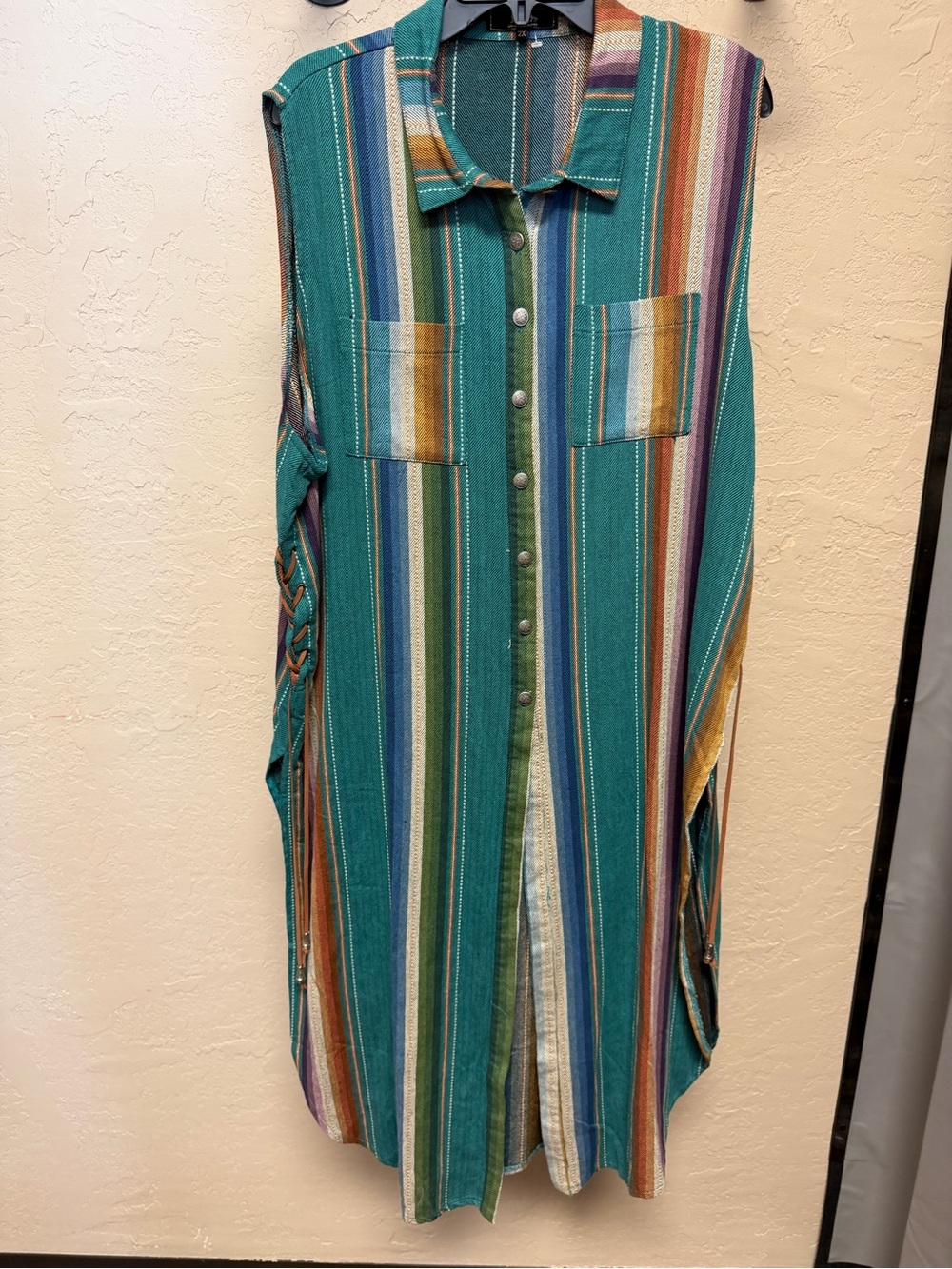 Lucky & Blessed Teal Multicolor Vertical Stripe Sleeveless Button-Down